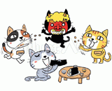 4匹の猫『節分で豆まき』のイラスト