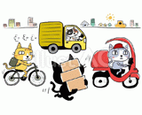 4匹の猫『荷物を運ぶ』のイラスト