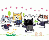 4匹の猫『登下校』のイラスト