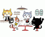 4匹の猫『喫茶店』のイラスト