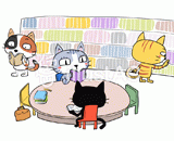 4匹の猫『図書館』のイラスト