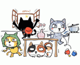 4匹の猫『避難訓練』のイラスト