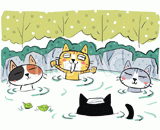 4匹の猫『温泉』のイラスト