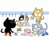 4匹の猫『潮干狩り』のイラスト