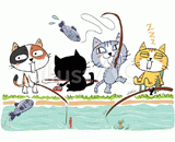 4匹の猫『釣り』のイラスト