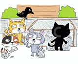 4匹の猫『朝のゴミ出し』のイラスト