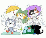 4匹の猫『梅雨・雨の日』のイラスト
