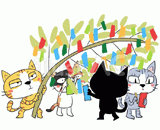 4匹の猫『七夕で笹飾り』のイラスト