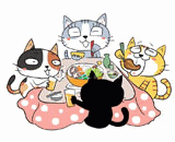 4匹の猫『こたつで鍋』のイラスト