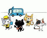 4匹の猫『バスツアー』のイラスト