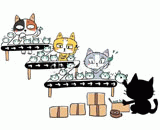4匹の猫『工場ライン作業』のイラスト