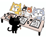 4匹の猫『書道教室』のイラスト