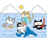 4匹の猫『海水浴』のイラスト
