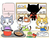 4匹の猫『料理』のイラスト