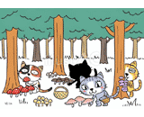 4匹の猫『キノコ狩り』のイラスト
