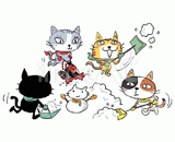 4匹の猫『雪かき』のイラスト