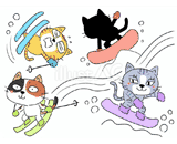 4匹の猫『スキー・スノボ』のイラスト