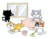 4匹の猫『大掃除』のイラスト