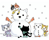 4匹の猫『大きな雪だるま』のイラスト