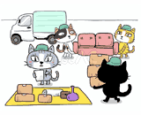 4匹の猫『引っ越し』のイラスト