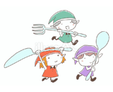3人の小人『食器を運ぶ』のイラスト