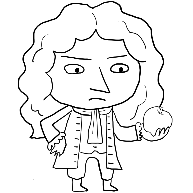 リンゴを見つめるアイザック・ニュートンのかわいいぬり絵