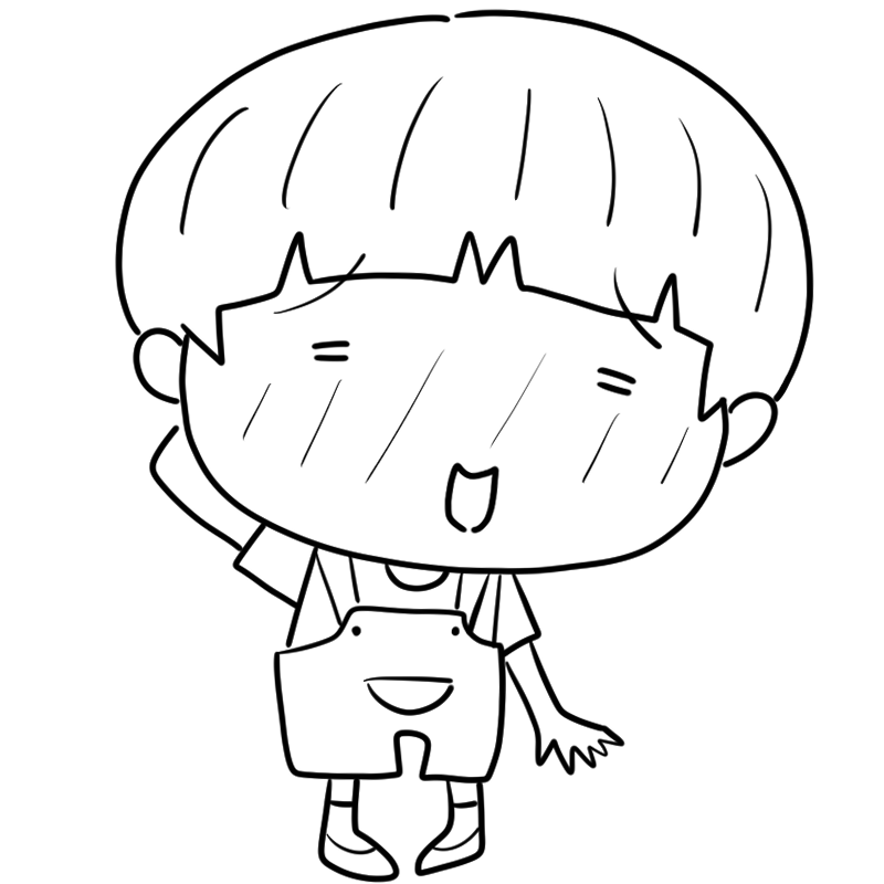 照れるオーバーオールの男の子のかわいいぬり絵