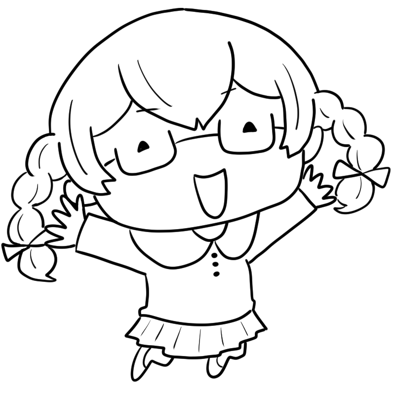 喜ぶ三つ編み眼鏡の女の子のかわいいぬり絵