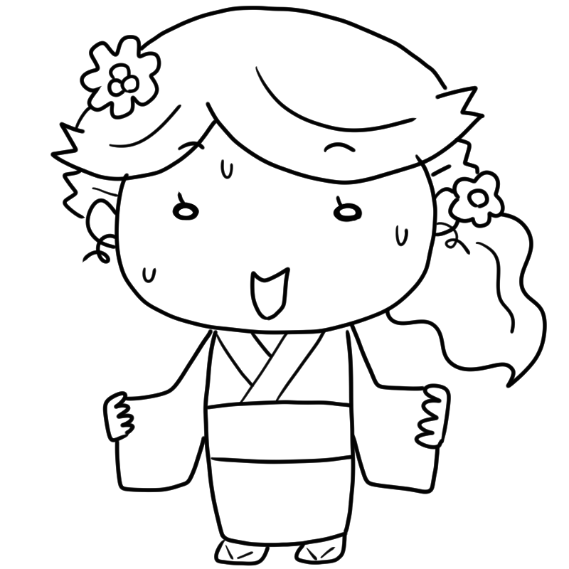 緊張する浴衣の女性のかわいいぬり絵