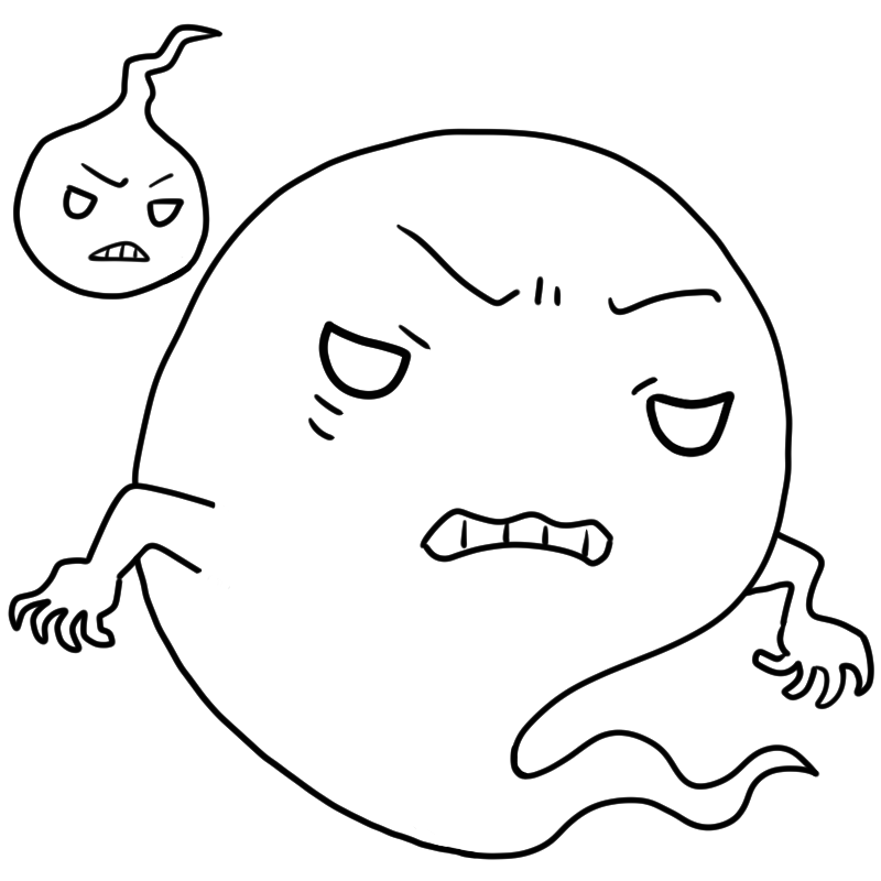 悔しそうなお化けと人魂のかわいいぬり絵