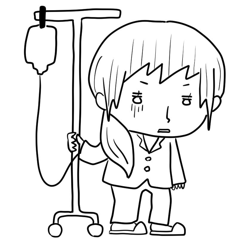 点滴を受ける入院患者の女性のかわいいぬり絵