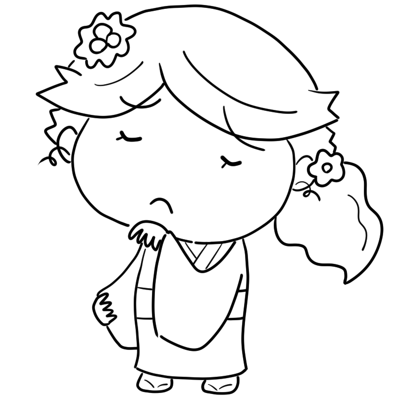 悩む浴衣の女性のかわいいぬり絵