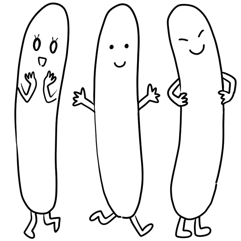 3本セットのキュウリのかわいいぬり絵