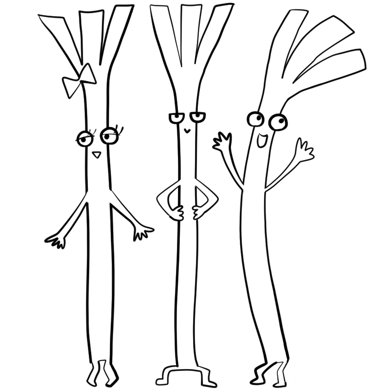 3本セットの長ネギのかわいいぬり絵