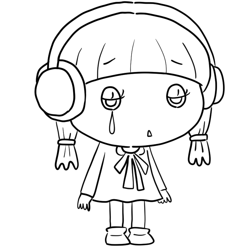 泣くヘッドホン女子のかわいいぬり絵