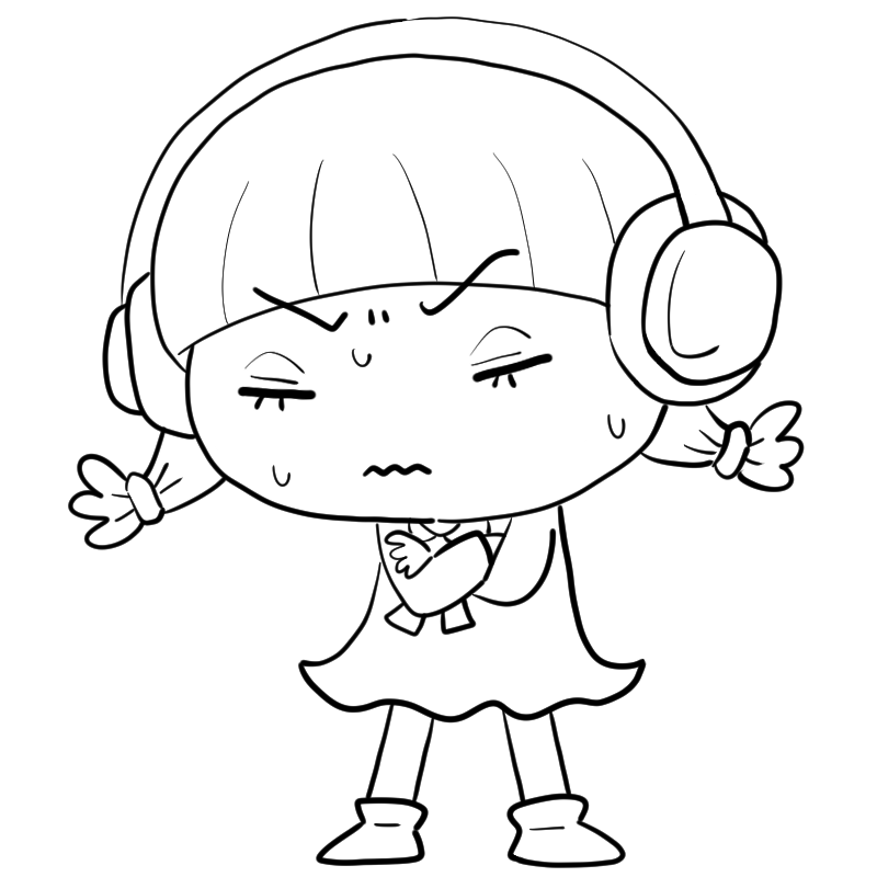 悩むヘッドホンの女の子のかわいいぬり絵