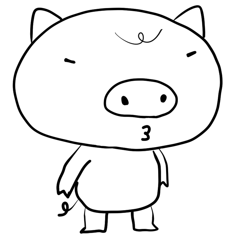 威嚇するような怒っているような、仁王立ちで口を尖らせてふてくされるブタ