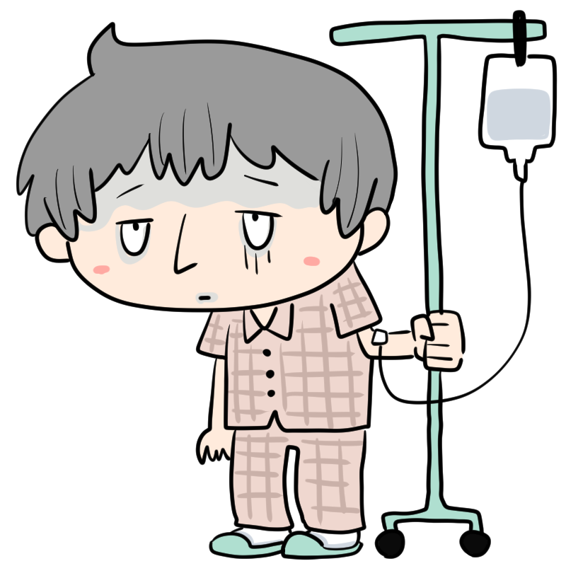 点滴を受ける入院患者の男性のかわいいイラスト