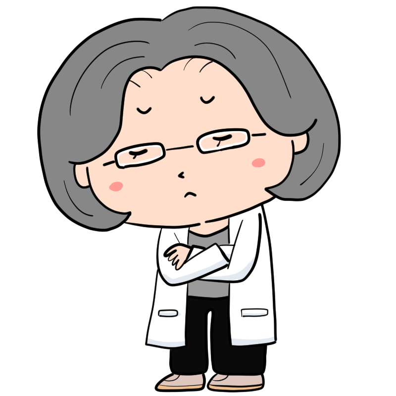悩む白衣の女性のかわいいイラスト