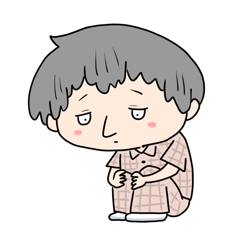 膝を抱えるパジャマの男性のかわいいイラスト