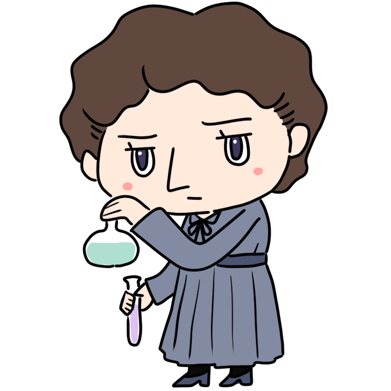 研究に没頭するキュリー夫人のかわいいイラスト