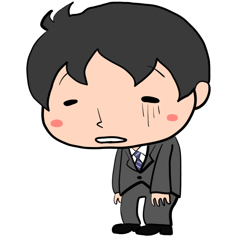 「もうだめだ、この仕事向いてない…明日やめよう」両手をだらりとさげてもうほとんど放心状態、落ち込む若手サラリーマン